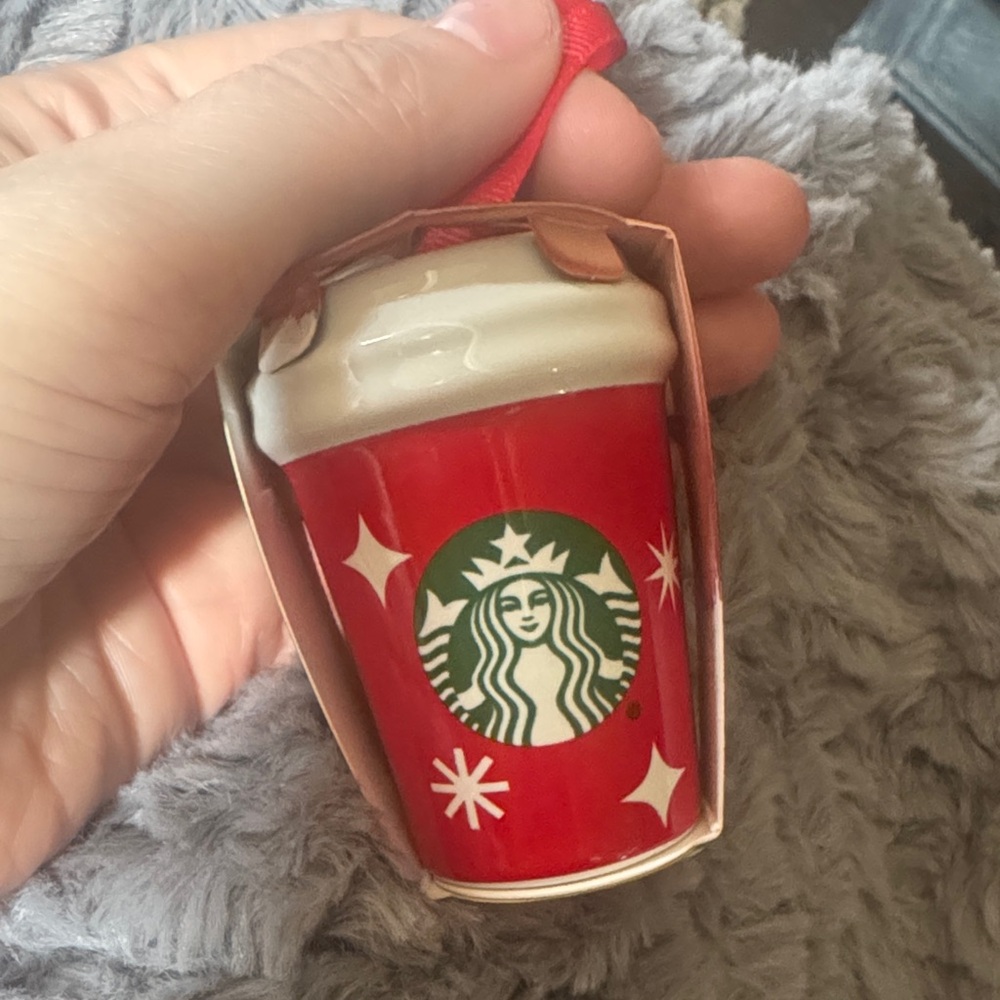 Starbucks Red and White Holiday Cup Ornament with Green Logo